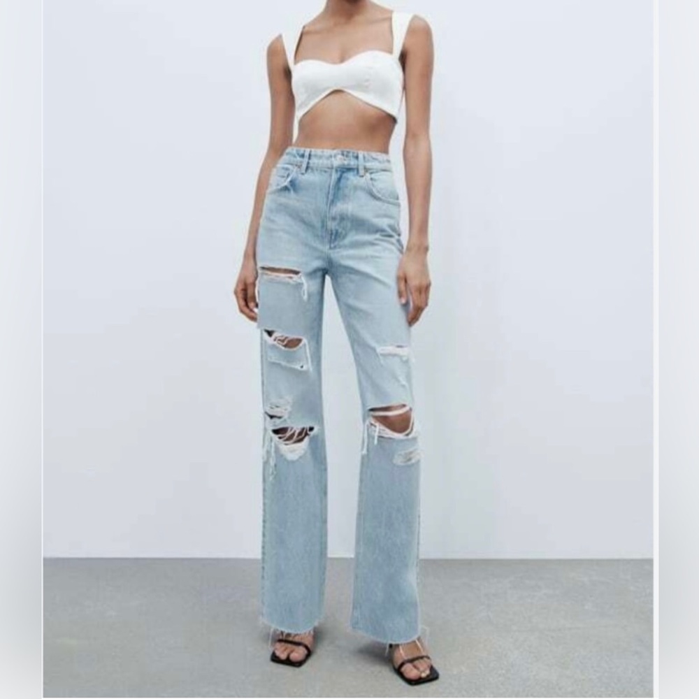 Zara ultra high rise light Wash Distressed Wide Leg Jeans